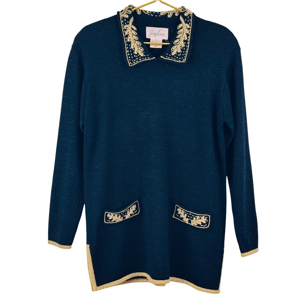 Jaclyn Smith Vintage Black Gold Pearl Knit Tunic Sweater Medium Grandmacore 90s